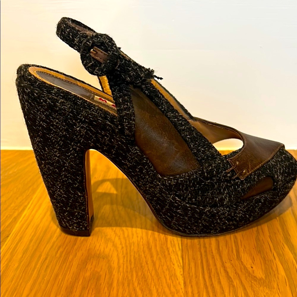 Marni Black and Brown leather and tweed wool Wedge Sandals size 35.5